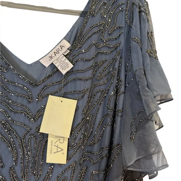 J Kara Dusty Blue Beaded Flutter Sleeve Maxi Gown – Elegant Formal Evening Dress - Picture 6 of 9